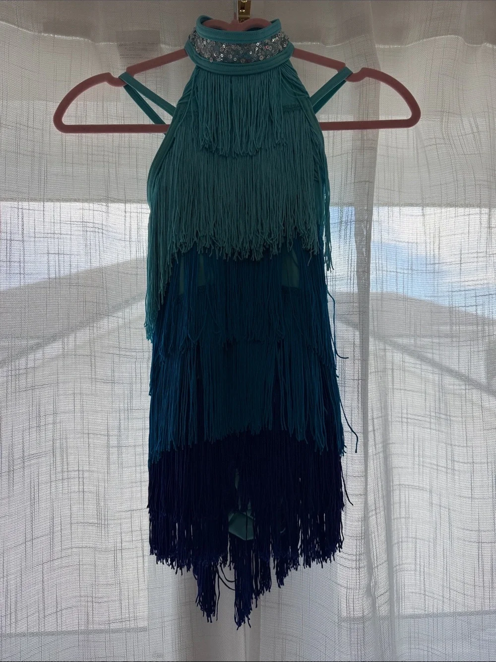 Weissman Teal to Navy Tiered Fringe Dance Costume with Rhinestone Collar